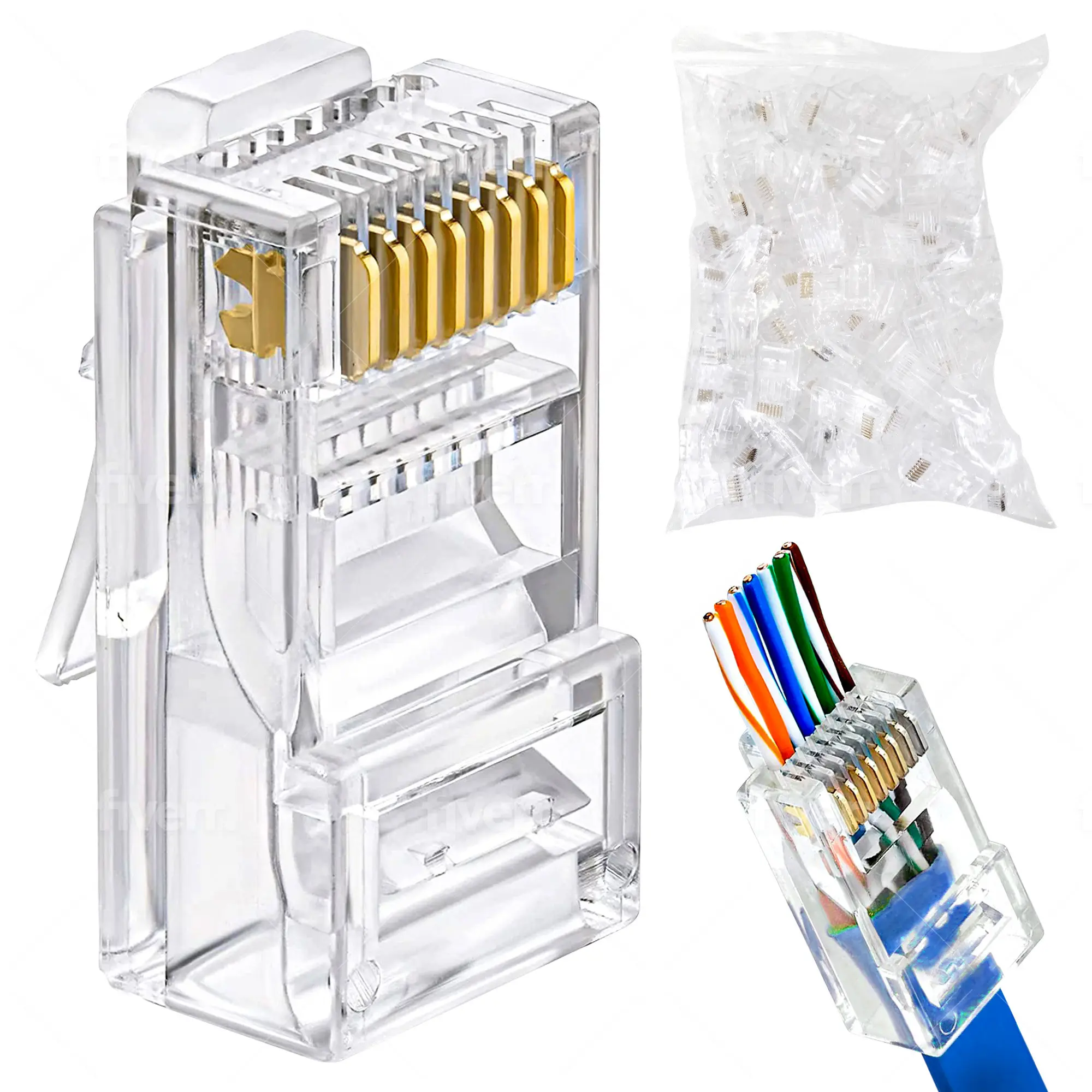 Cat5e RJ45 Pass Through Connector 100-Pack - EZ Cat 5e Pass Through RJ45 Connectors - Cat 5e Connectors - Ethernet Connector, Ethernet Plug - for Solid or Stranded UTP Network Cable