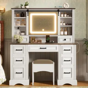 47.2" Large Vanity Set with Sliding Mirror & 9 Drawers, Farmhouse Makeup Desk with LED Lights and Storage Stool, White and Brown Dressing Table