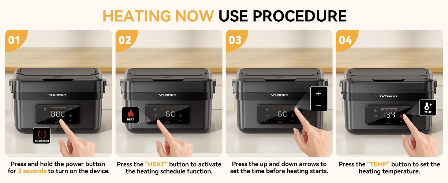 Yofidra Stylish Cordless Portable Electric Heated Lunch Box 1.5L-6 Cups Self-Heating with 10000mAh Battery Timer & Temp Control Food Warmer for Adults Office Outdoor Black Tableware Meal Prep Containers Stainless Steel Bento Square