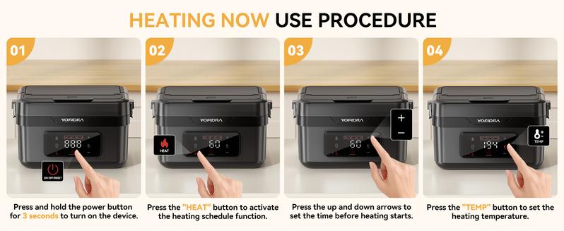 Yofidra Stylish Cordless Portable Electric Heated Lunch Box 1.5L-6 Cups Self-Heating with 10000mAh Battery Timer & Temp Control Food Warmer for Adults Office Outdoor Black Tableware Meal Prep Containers Stainless Steel Bento Square