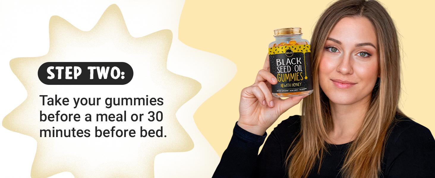MAJU Black Seed Oil Gummies with Honey 90ct Natural Vitamin Optimum for Hair Skin Nails Gut Gummy Supplement 250mg per Gummy 45 Day Supply Edible Healthcare Dietary