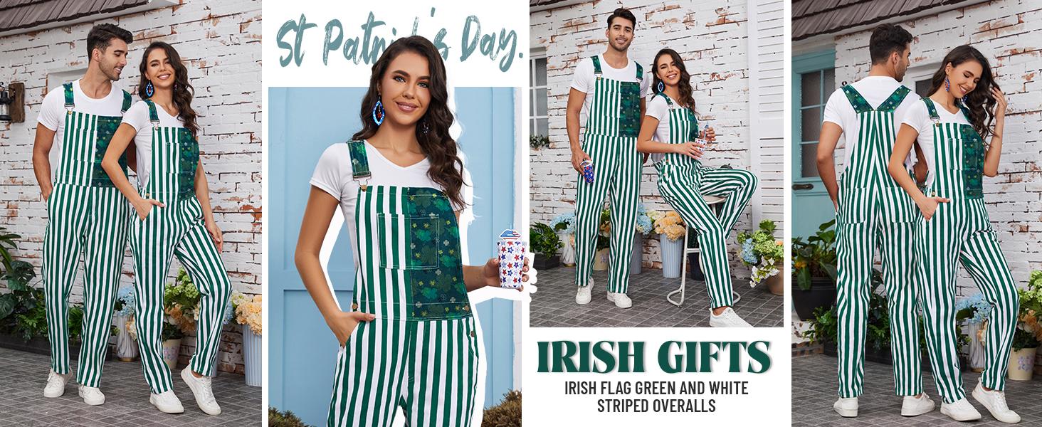 Yuanbang St Patrick's Day Overalls for Men Lucky Irish Romper Spring Green Stripes Print Bib Stretch Denim Coveralls Adjustable Straps Jumpsuit Holiday Menswear Festival Beer Party Mardi Gras Outfits Dad Gifts Football Outwear SpringStatements