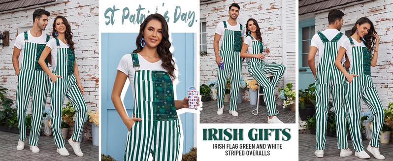 Yuanbang St Patrick's Day Overalls for Men Lucky Irish Romper Green Stripes Print Bib Stretch Denim Coveralls Adjustable Straps Jumpsuit Holiday Menswear Festival Beer Party Mardi Gras Outfits Dad Gifts Football Outwear