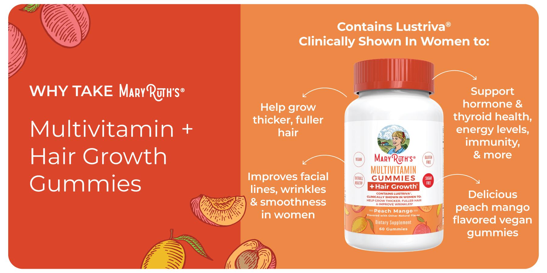 MaryRuth's Multivitamin + Hair Growth Gummies - With Lustriva - Formulated for Thicker Hair, Wrinkles, Fine Lines, Skin Care - Ages 18+ - 30 Servings