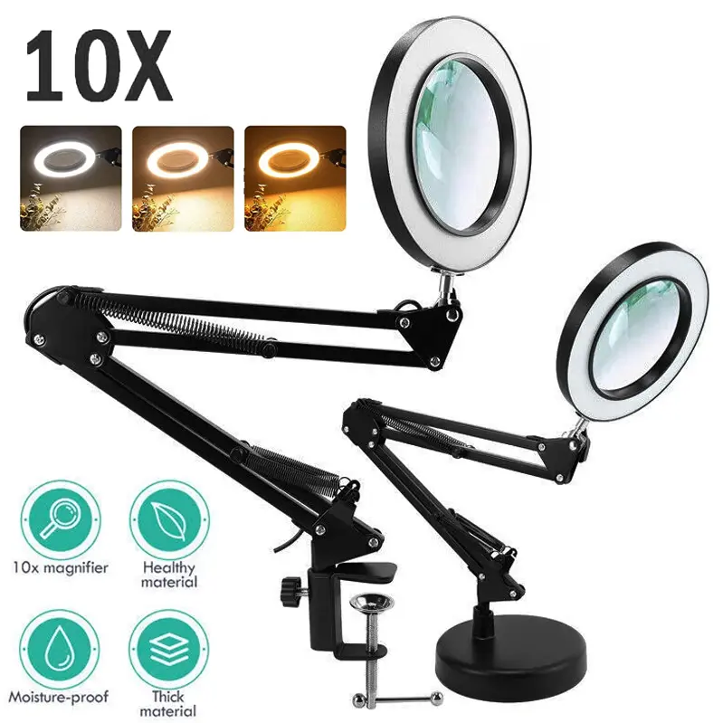 10X Magnifying Glass with Light and Stand, Magnifying Desk Lamp, Lighted Magnifier with Light Dimming Hands Free for Craft, Reading, Painting, Sewing, Solder  #SummerFinds