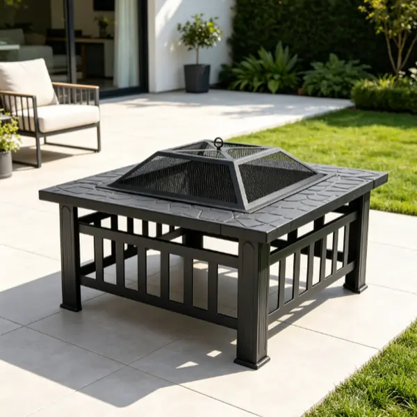 32-inch Square Outdoor Fire Pit, Heavy Duty Metal Wood Burning Fire Bowl with Mesh Spark Screen & Poker, Portable for Exterior Patios and Camping, Fire Pit Outdoor, Outdoor Fire Pits