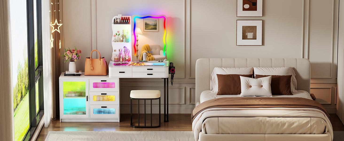 Miu Vanity Set with 7-Color RGB Lights, Wireless Charging, HD Mirror, 8-Drawer Chest & Big Storage Furniture Organizing - Modern Design Adjustable Brightness