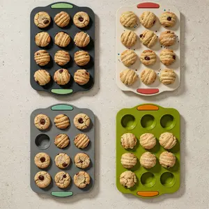 Casabella 12-Cup Silicone Muffin Pan with Handles, Non-Stick Cupcake Baking Mold, Easy Release BPA-Free Bakeware, Food Grade Silicone Baking Pan for Cupcakes, Muffins, Egg Bites, Dishwasher Safe