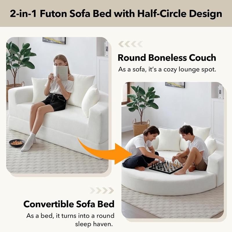Round Boneless Couch, Corduroy Upholstered Folding Convertible Sofa Bed with Pillows, 2-in-1 Futon Sofa Bed with Half-Circle Design, Comfy Loveseat for Living Room, Apartment (Beige)