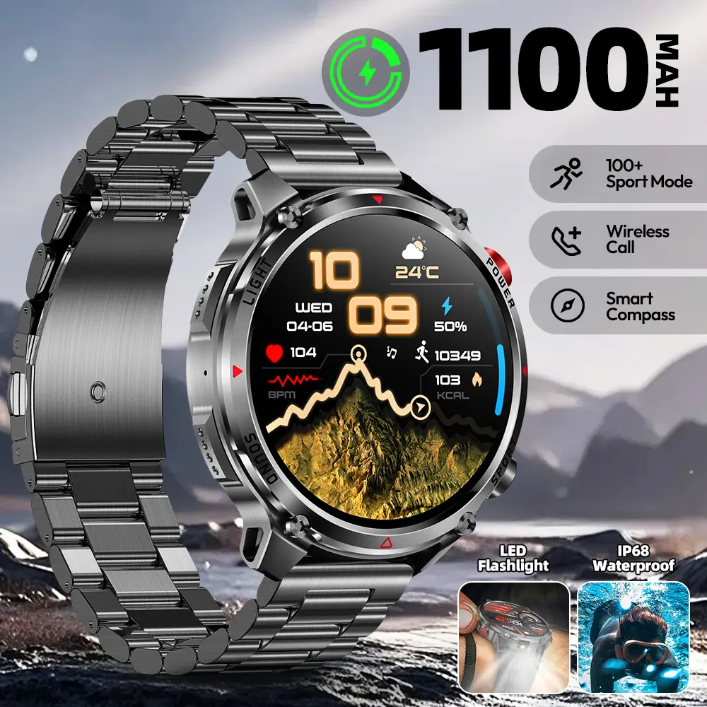 Multifunctional Smartwatch: 1100mAh high-capacity battery (ultra-long battery life), 1.7" HD display, IP68 waterproof, outdoor compass, wireless calling, message notifications, LED flashlight, 100+ sports modes; compatible with iPhone & Android