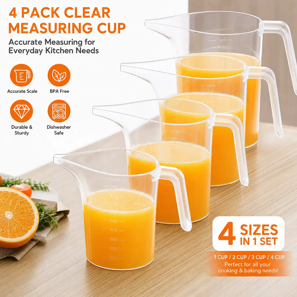 4-Pack ABS Plastic Funnel Pitcher Measuring Cups - 1000ml Large Capacity Kitchen Baking Utensils, Long Spout for Mess-Free Pour of Oil/Batter/Water, Ideal for Baking, Soap Making, Candle Making, Jug