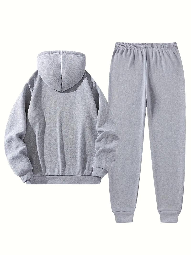 Men's sports two-piece hooded sweatshirt and pants set - gray with black logo, non stretch fabric, regular style, pocket, suitable for autumn and winter, casual wear | hooded sweatshirt | pocket pants, sweater hooded sweatshirt