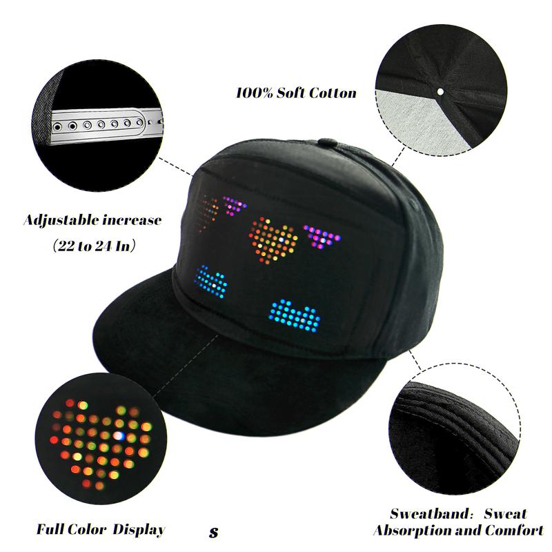 MasterAkoh Customizable LED Hat Snapback Baseball Cap with Bluetooth-16x32 Bright Display Your Message in Full Color Perfect for Parties Events and Gifts Machine Washable