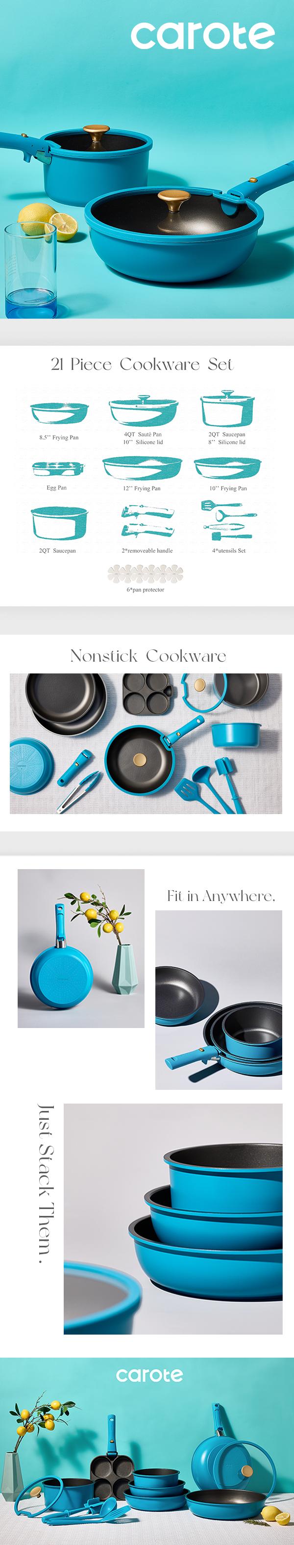 [Official] CAROTE 21-Piece Peacock Blue Nonstick Cookware Set with Detachable Handles, Induction-Compatible Pots and Pans Set for RV Use, Dishwasher Safe