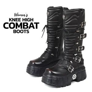 Goth Platform Boots For Women Mid Calf Round Toe Chunky Block High Heel Lace Up Side Zipper Metal Buckles Studs Gothic Boots Punk Rave Rock Party Concert Trendy Booties