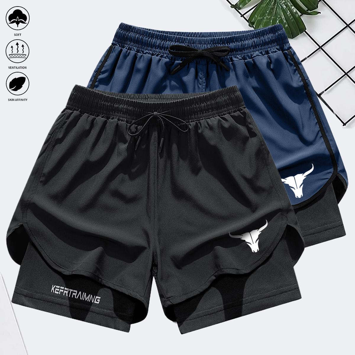 Men's two-in-one letter and bull head print double-layer drawstring waist sports shorts, quick-dry sports shorts, designed for sports, suitable for fitness and marathon training, featuring a double-layer lining. Elastic Drawstring Jogger Shorts