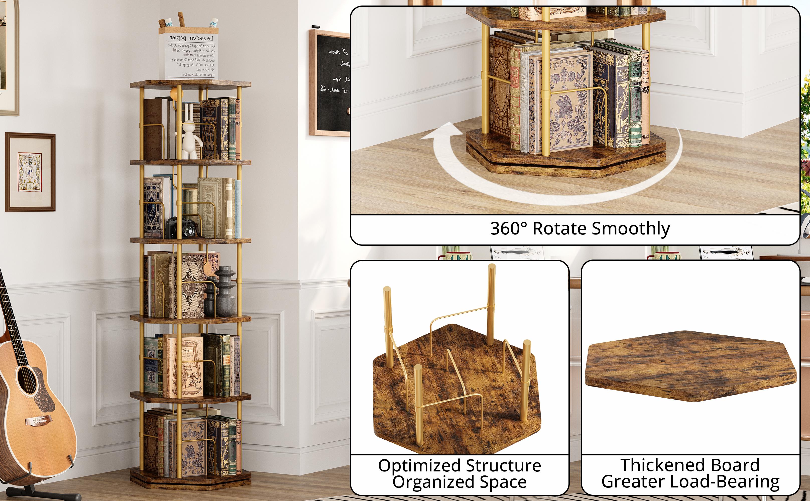 IRONCK 5-Tier 360° Rotating Bookshelf, Round Spinning Bookcase for Home & Office, Wooden Floor Standing Storage Organizer Display Rack IRONCK 5-Tier 360° Rotating Bookshelf, Round Spinning Bookcase for Home & Office, Wooden Floor Standing Storage Organizer Display Rack