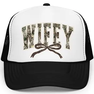 Olive Loves Apple Wifey Camo Print with Coquette Bow Trucker Hat | Adjustable Mesh Snapback Cute Trendy Camouflage Wife Hat