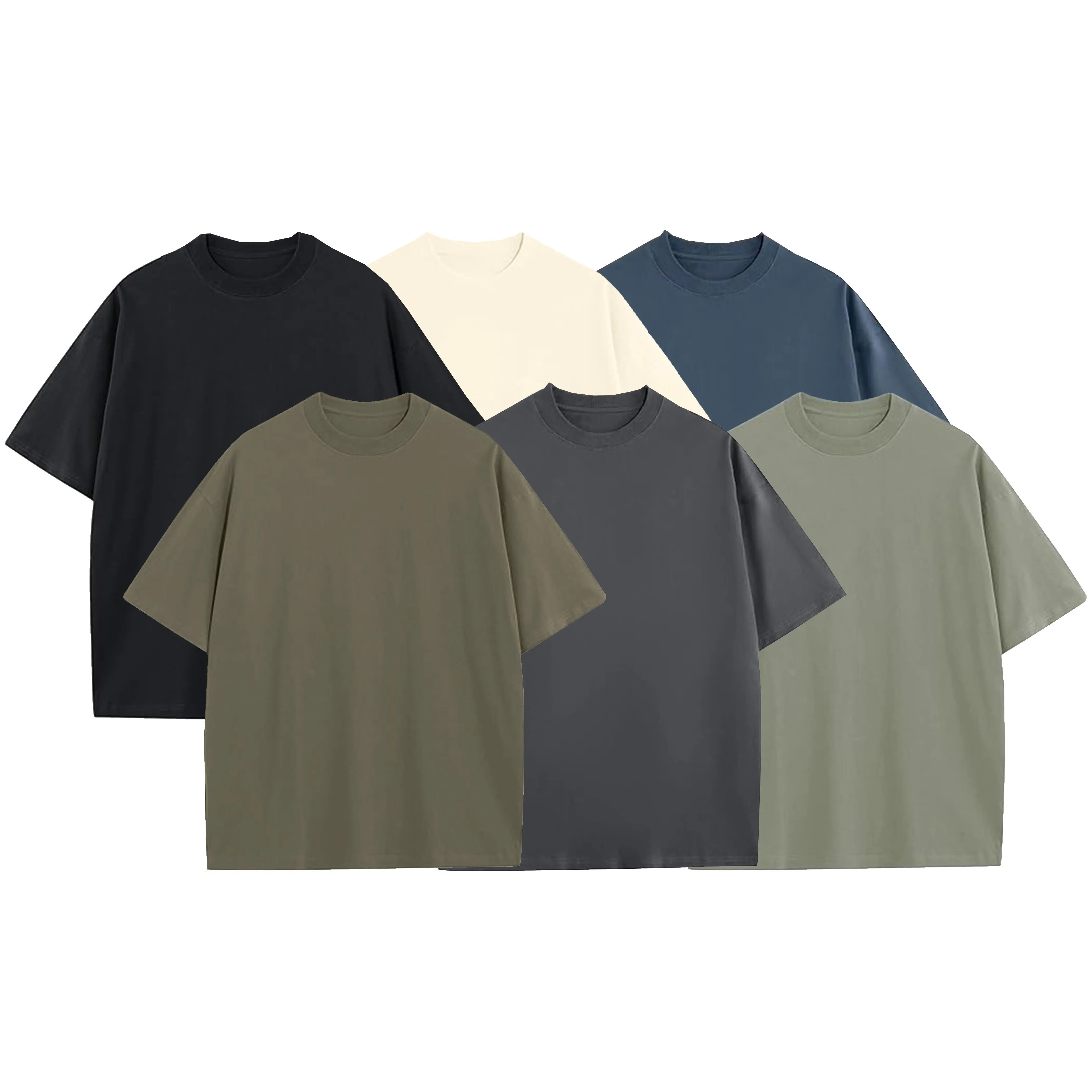 Men's 5-Pack Heavyweight 100% Cotton Oversized Drop Shoulders Short Sleeve Crew Neck Plain Streetwear Tshirts (Black-Dark Grey-Ivory-Olive-Blue), Double Stitched Hem, Casual Summer Sports Clothes, Note: Runs Small, Order 1 Size Up, Fashion Apparel