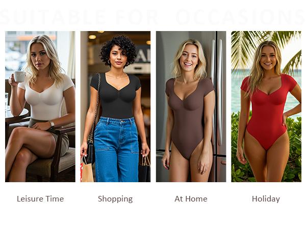 FeelinGirl Women's Short Sleeve Bodysuit for Tummy Control V Neck Seamless Body Suits Thong Going Out Tops Springtok Shapewear Womenswear Compression Elegant Fitted