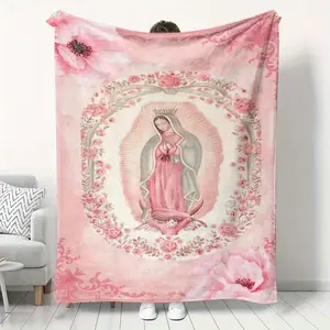 Pink Virgin Mary Printed Flannel Blanket Soft and Warm DigitalPrint Suitable for Sofa Bedding Travel Camping Living Room Office Machine Washable Modern Style All-Season Multi-Purpose