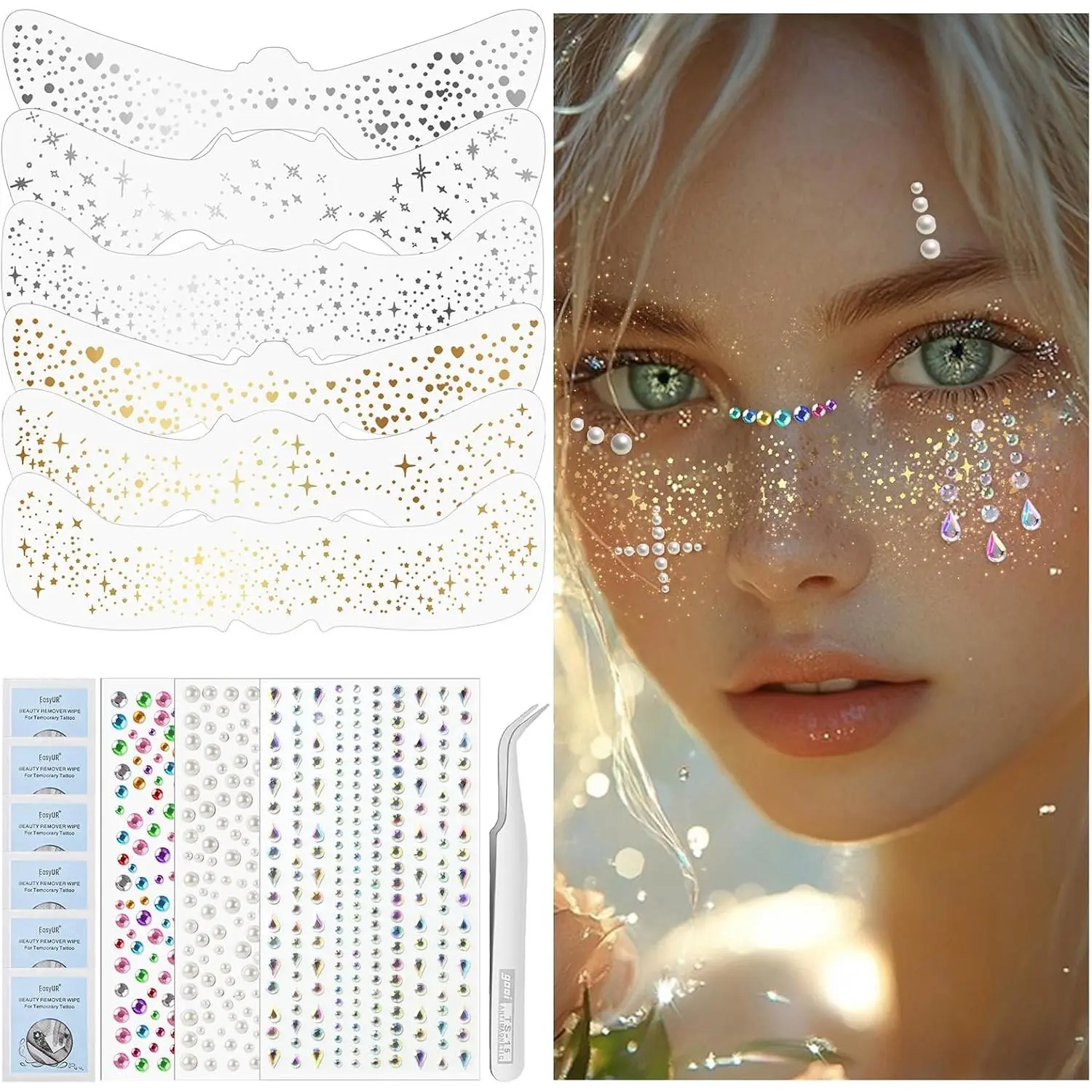 Glitter Freckle Tattoos & Face Gems Kit, 9-Piece Long-Lasting & Waterproof Set with Safe Ingredients for Adults, Festival Makeup & Face Glitter Looks, Glitter Tattoos, Water Proof