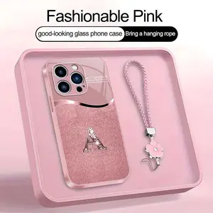 Luxury Pink Phone Case with Lanyard Initial Letter A-Z Cover for iPhone 14 Pro --975