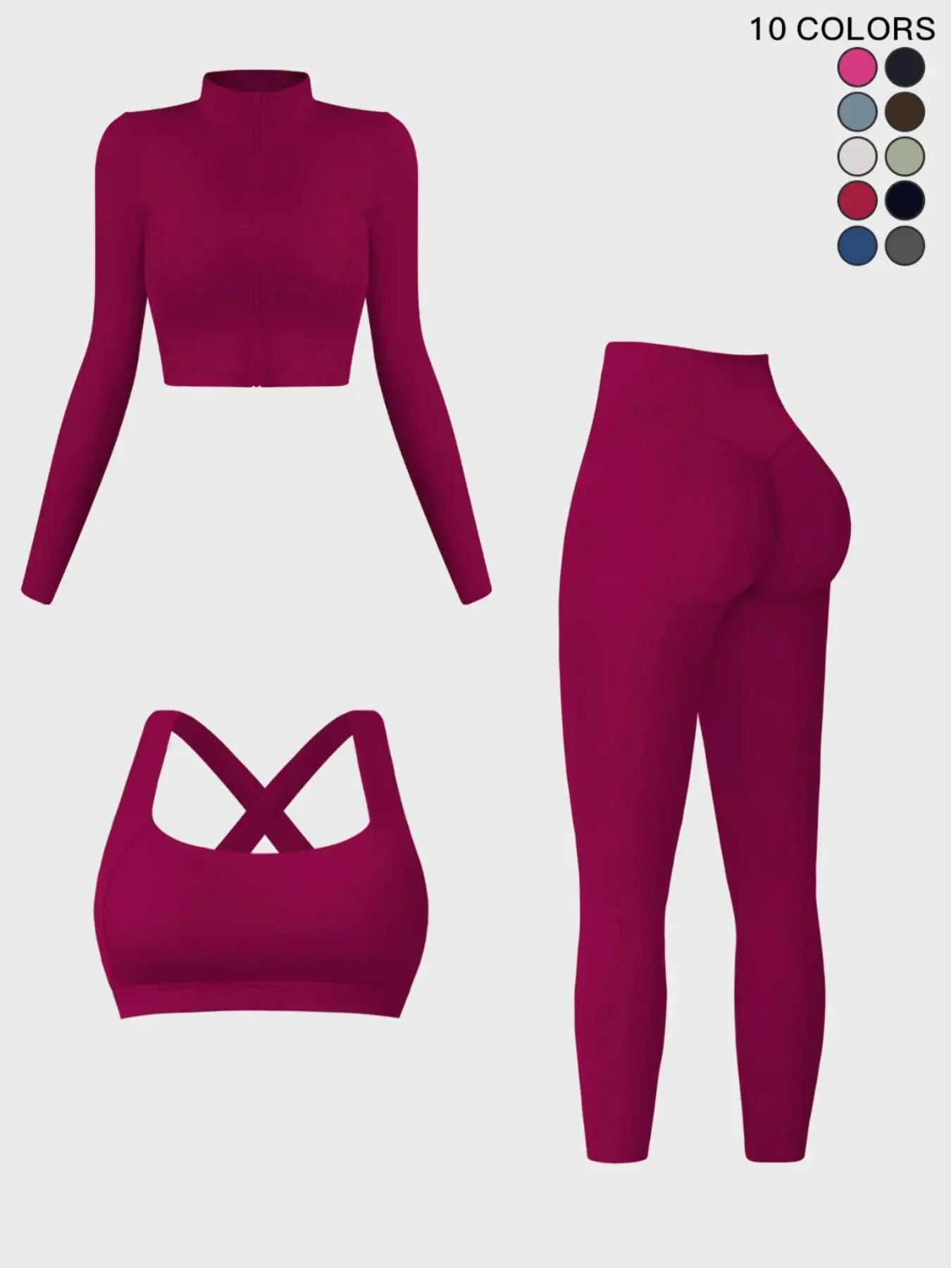 Women's Solid Criss Cross Crop Tank Top & High Waist Tummy Control Butt-Lifting Leggings & Zip Up Crop Jacket Tracksuit Set, Sportswear Yoga Set, Fitness Sets, Breathable Outfits for Yoga Gym Workout Running, Gym Clothes Workout