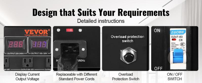 VEVOR Voltage Converter Transformer, Various specifications, Heavy Duty Step Up/Down Transformer, Convert from 110 Volt to 220 Volt and  from 220 Volt to 110 Volt, with US Outlet EU Outlet 5V USB Port, CE Certified