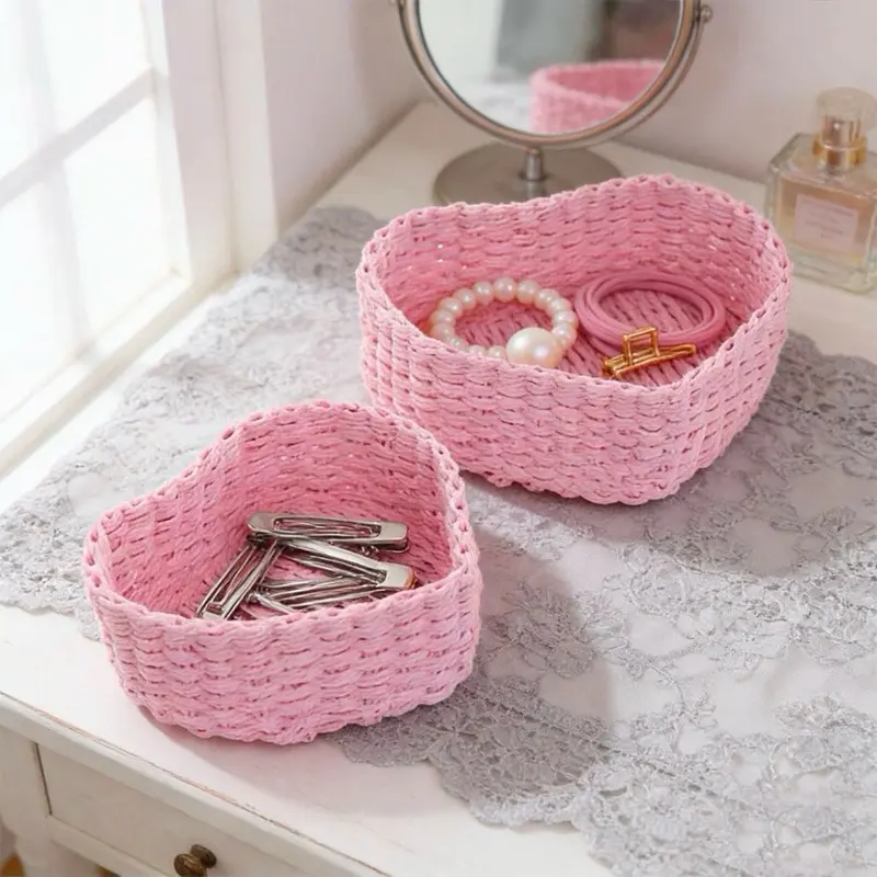 Pink Hearts Woven Storage Baskets for Jewelry and Accessories - Perfect for Organizing Your Vanity or Dresser