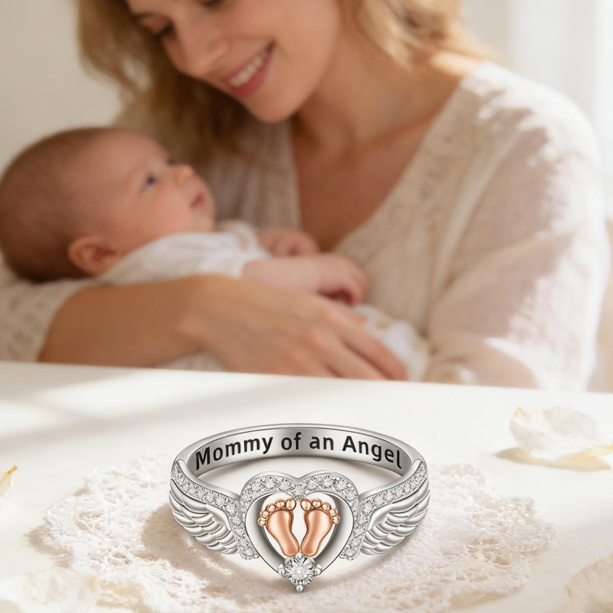 Mommy Of An Angel Ring - Angel Wing Ring for Women Mom Heart Mommy of An Angel Rings Footprint Bands Memorial Mothers Day Gifts
