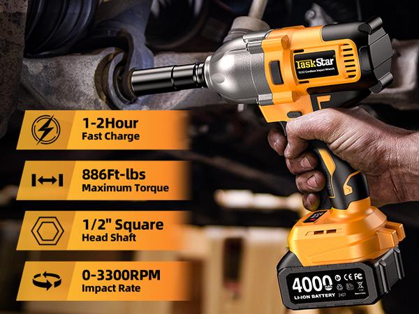 TaskStar 1200N.m Cordless Impact Wrench, 1/2 inch 886ft-lbs High Torque Impact Gun with 2x 4.0Ah Battery, Fast Charger & 5 Sockets Package Box Extension Bar Driver Bit Power Tools Ratchet Wrench TaskStar 1200N.m Cordless Impact Wrench, 1/2 inch 886ft-lbs High Torque Impact Gun with 2x 4.0Ah Battery, Fast Charger & 5 Sockets Package Box Extension Bar Driver Bit Power Tools Ratchet Wrench