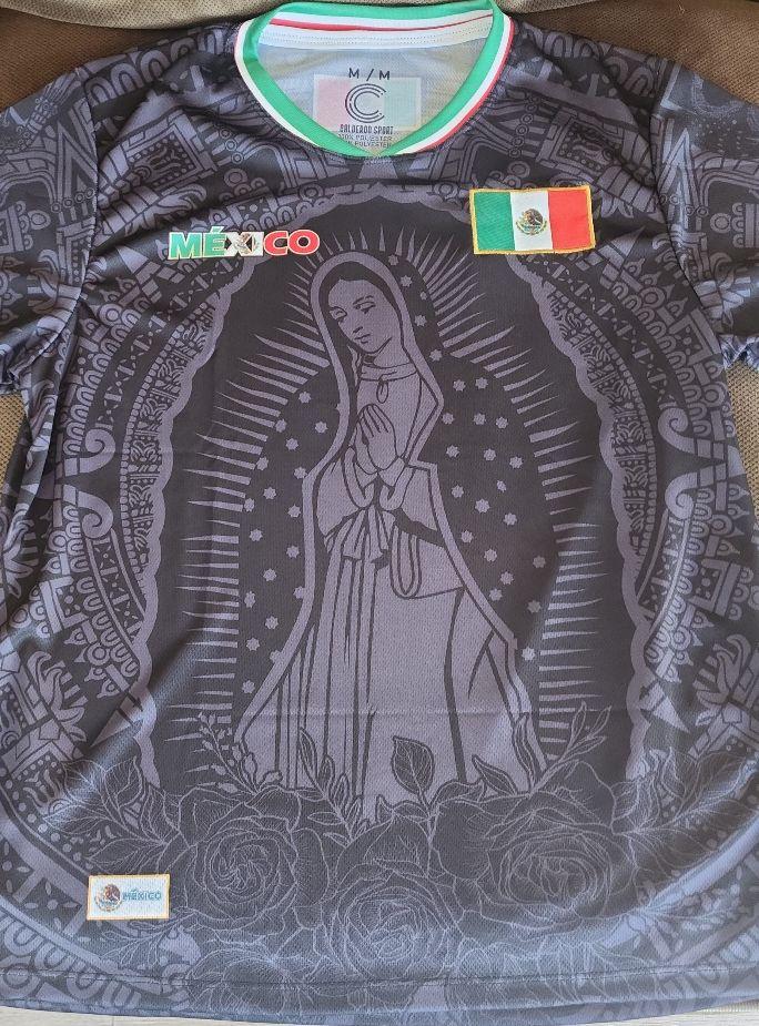Virgen de Guadalupe Mexico Jersey Pink and Black Color with Green White and Red Trim and Mexican Flag Design
