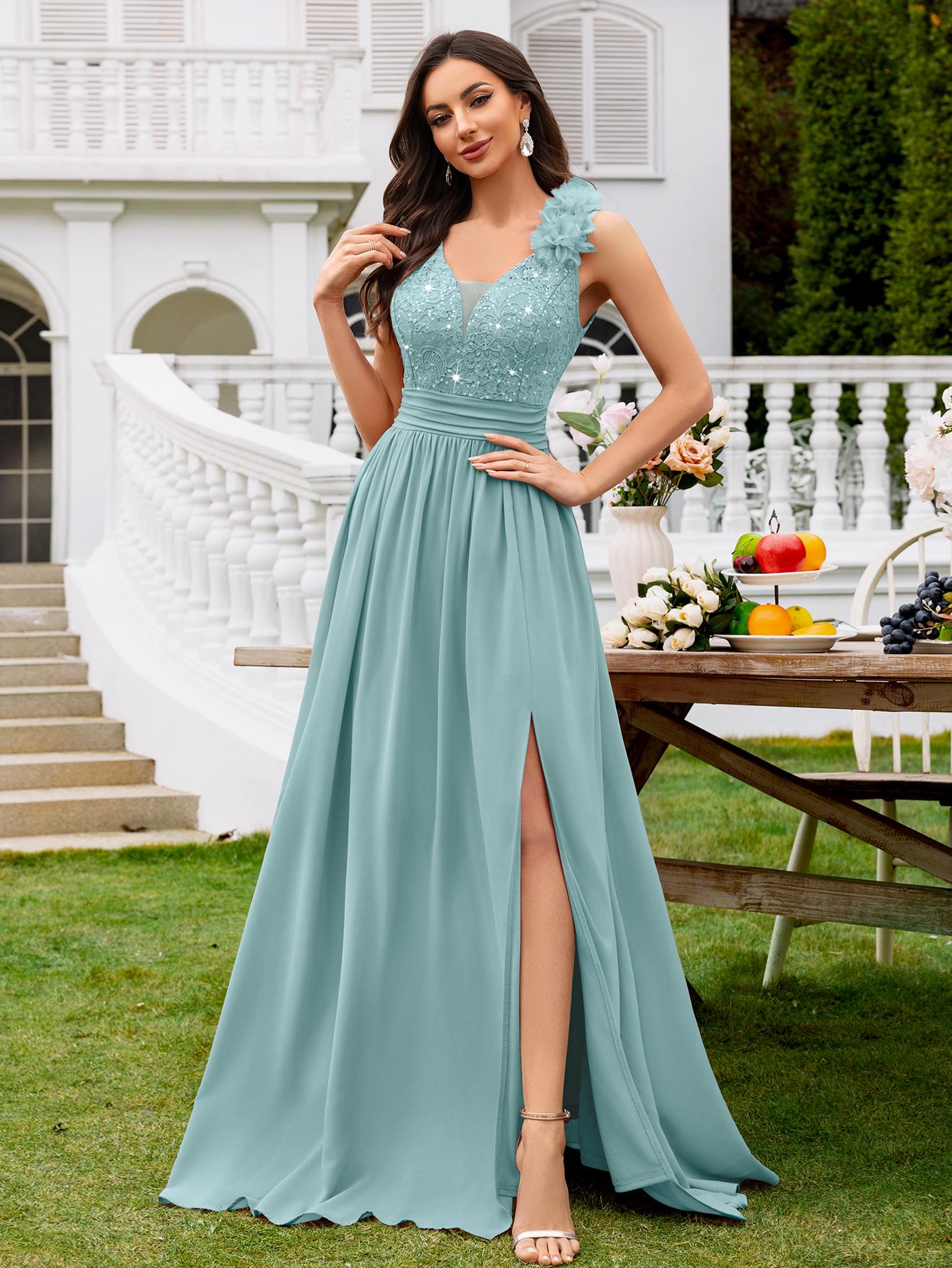 MIUSOL 24451A Women's Elegant Deep V-Neck Sequin Lace Chiffon Maxi Dress Mint Green Sleeveless Ruched Split Thigh Formal Evening Ball Gown for Wedding Guest Prom Graduation Bridesmaid Bridal Cocktail Party Events