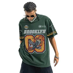 American Street-Style Brooklyn Eagle Flame Print Short-Sleeve T-Shirt Retro Athletic Oversized Loose Fit Heavyweight Cotton Skin-Friendly Breathable Menswear Top