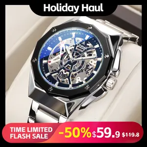 RONMAR Octagonal Skeleton Automatic Watch for Men Luxury Mechanical Stainless Steel Wristwatch Self Winding Luminous Waterproof 3ATM