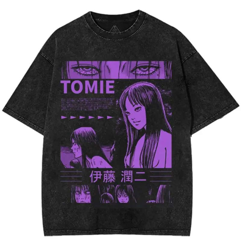 Tomie Junji Ito Uzumaki Vintage Anime Shirt, Horror Anime Oversized Vintage Washed T-Shirt, Heavyweight Cotton Fabric Tshirt Menswear Seamless Tops