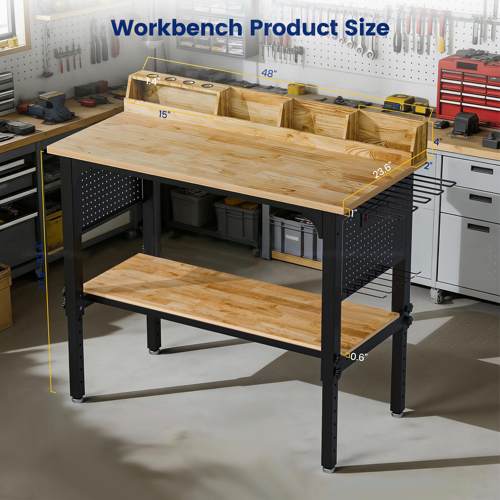 48'' Workbench Adjustable Height with Storage, Heavy Duty 2200 LBS Load Capacity Work Table with Pegboard, Power Outlet and Wheels, Work Bench for Workshop, Garage, Office, Commercial, Home