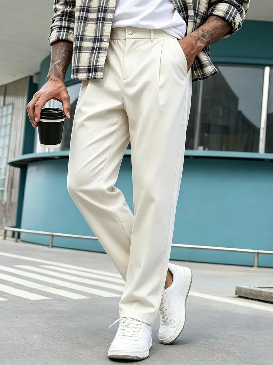 Men's Loose-Fit Polyester Ankle-Length Chino Trousers - Pleated Front, Button Fly, Soft Lightweight Drape, All-Season Pants for Work, Smart-Casual Events