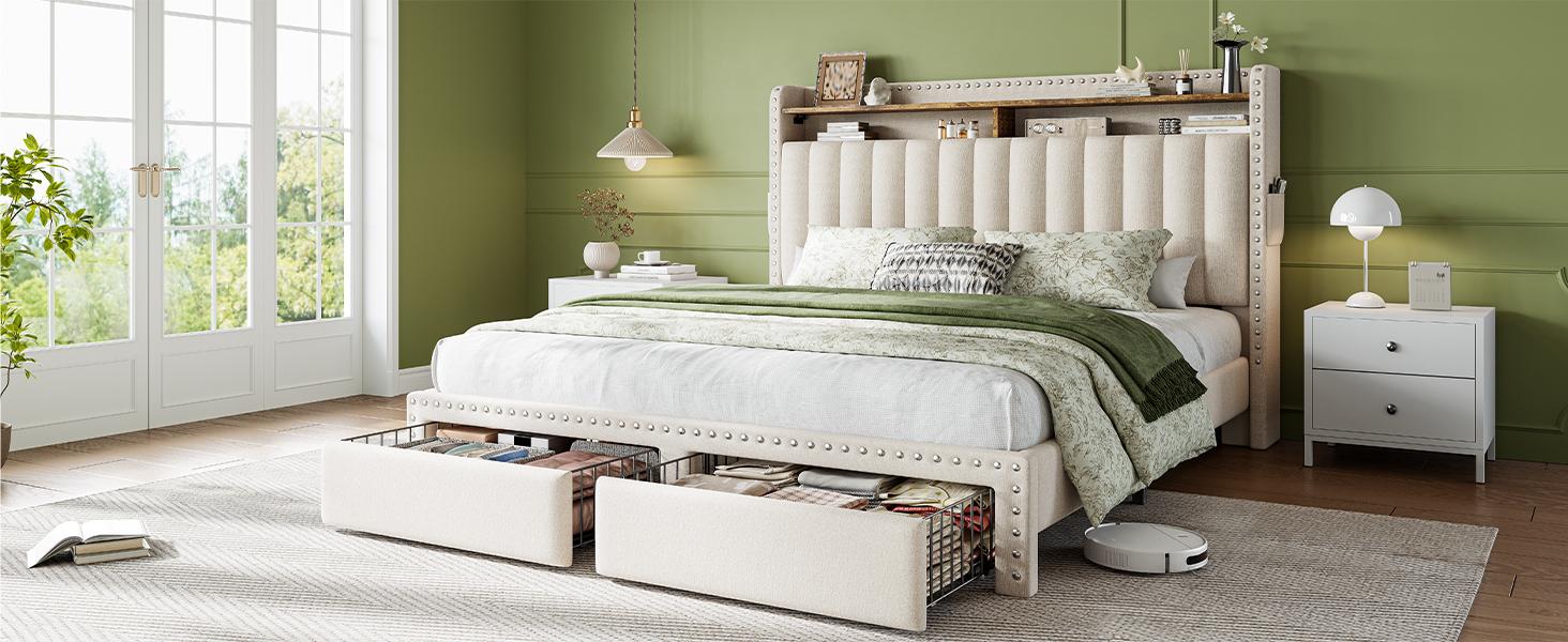 RaybeeFurniture Bed frame Queen Size, NO MATTRESS, King Bed Frame with Headboard&Storage, 2 Drawers, Upholstered Bed Frame with Storage and Headboard, NO Noise,No Box Spring Needed