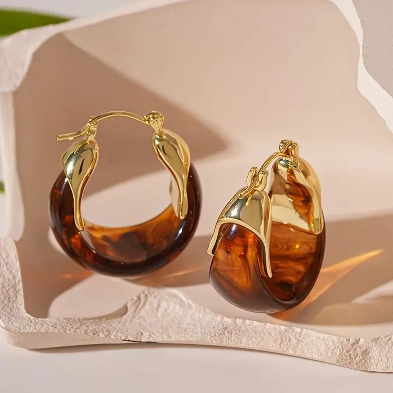 Tortoiseshell Acrylic Hoop Earrings - Gold-Plated, Retro, Amber Chunky Costume Jewelry Earrings