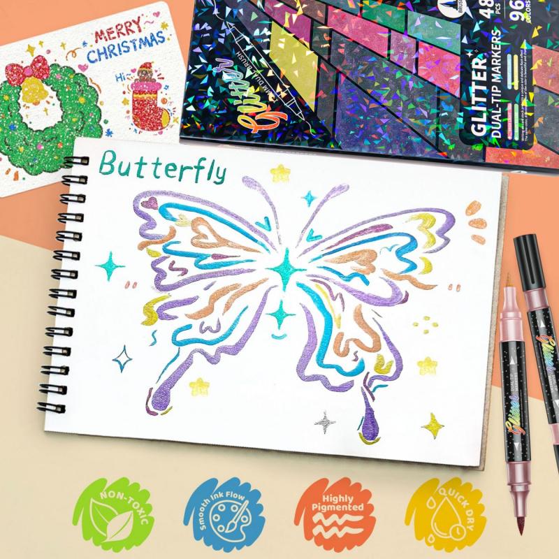 24/48/72/96 Colors Glitter Effect Brush Markers,Dual Tip Dual Color 1-5mm Soft Brush Shimmer Marker for Doodle Writing, Glitter Art Crafts Adults DIY Crafts Greeting Birthday Cards Making, Art Supplies