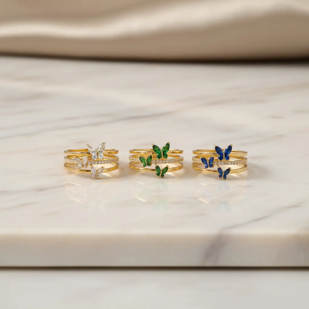 14K Gold Butterfly Birthstone Ring | Adjustable Crystal Ring | Dainty Jewelry Gift