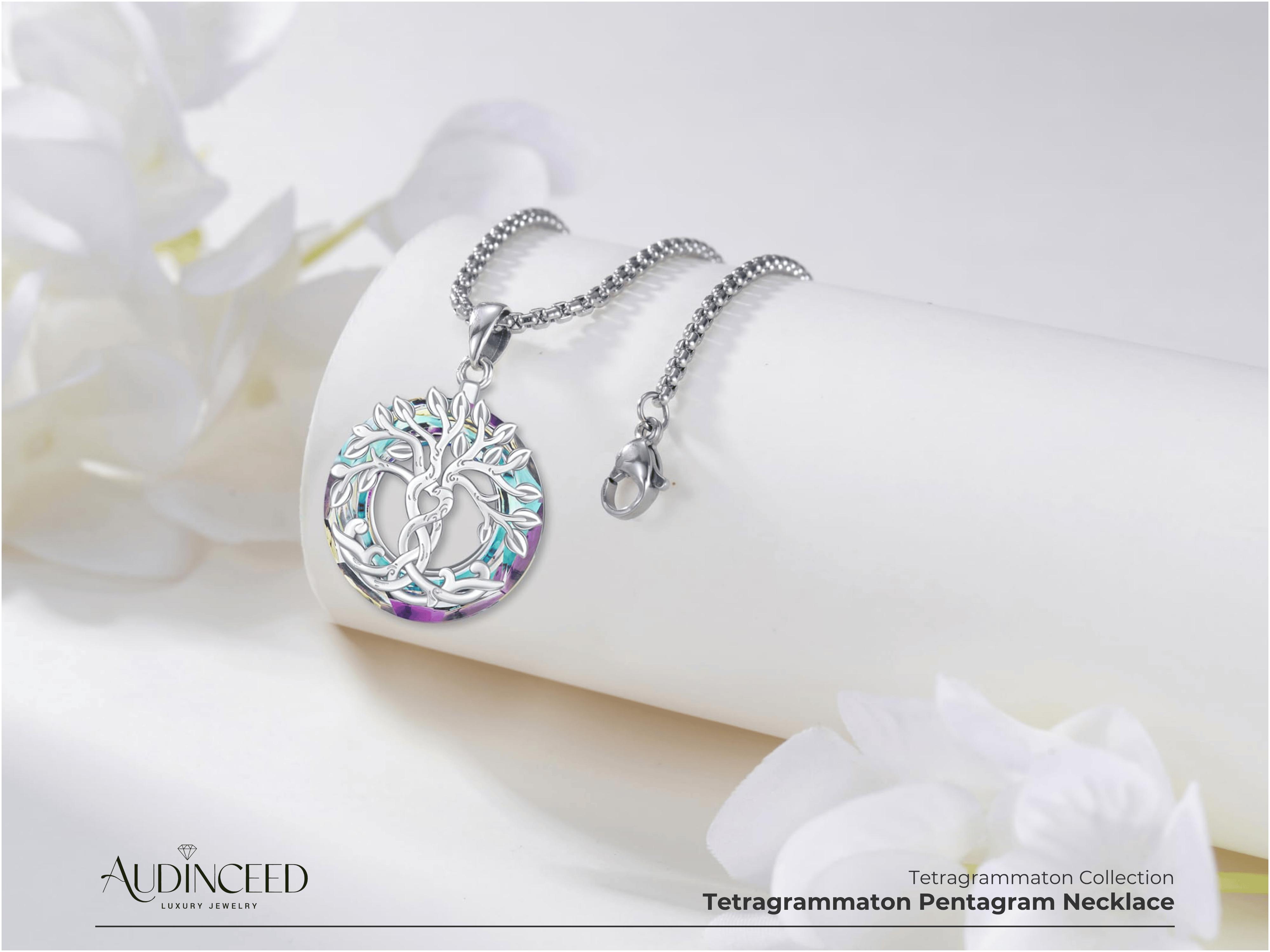 Audinceed Tree of Life Crystal Necklace, S925 Sterling Silver Tree of Life Austrian Crystal Silver Necklace Pendant Religion Blessed Jewelry Anniversary Birthday Gift For Men Women