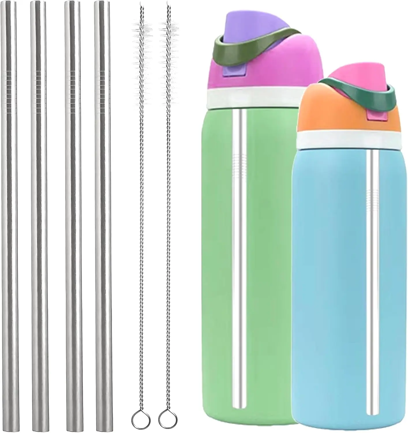 Stainless Steel Straw Set Compatible with Owala 24 oz 32 oz Water Bottle, 4 Piece Replacement Metal Straws With 2 Straw Cleaner, Reusable Straws, 4-Pieces