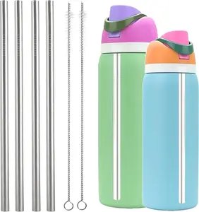 Stainless Steel Straw Set Compatible with Owala 24 oz 32 oz Water Bottle, 4 Piece Replacement Metal Straws With 2 Straw Cleaner