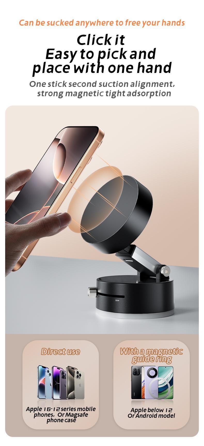 Multi-functional vacuum strong magnetic cell phone holder, 360 ° rotation, suitable for all kinds of cell phones, with magnetic holder, foldable, convenient for multi-scene application