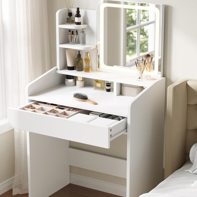 Modern LED Vanity Table, Makeup Desk with Mirror&Lights 3 Color Modes,Drawers&Shelves, for Girls Bedroom,Perfect Gift for Her – bedroom essential