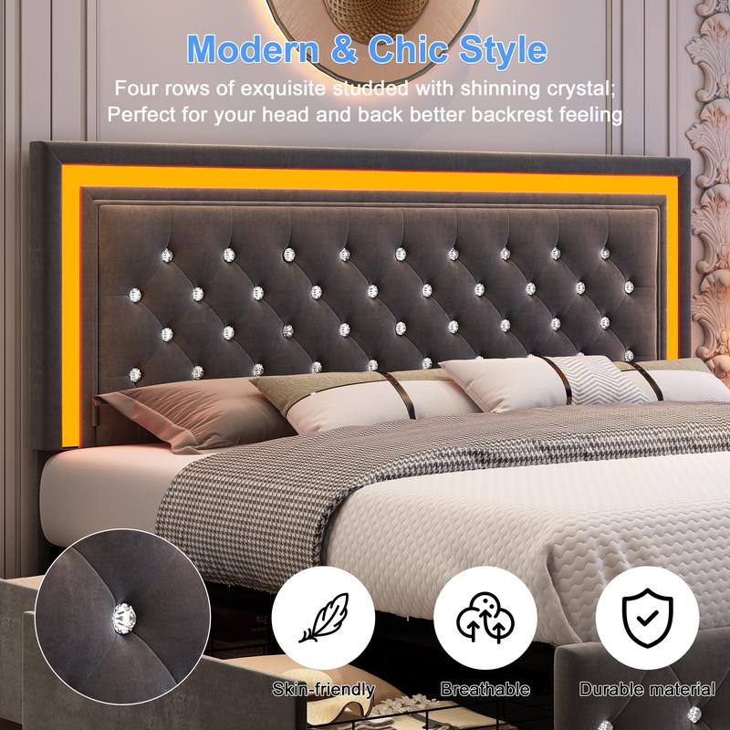 GEGOFORU LED Storage Bed Frame with 4 Drawers, Upholstered Platform Bed with Adjustable Headboard, Smart App & Remote RGBW Lights, No Box Spring Needed, Easy Assembly, Grey Velvet