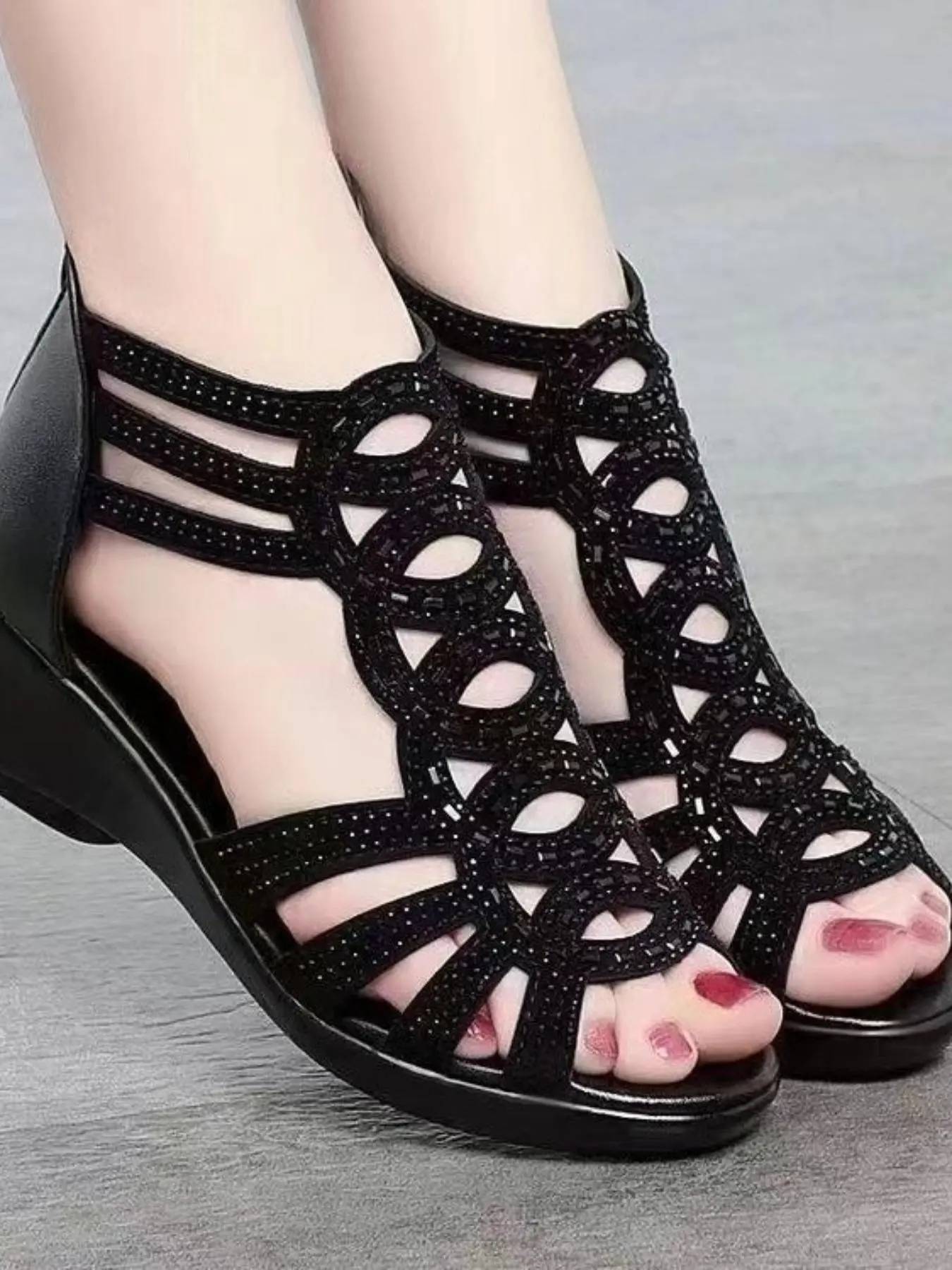 Women's Round Toe Hollow Out Rhinestone Elevated Wedge Embellished Platform Sandals, Casual PU Leather High Heels, Summer Fashion Large Size Roman Shoes, Elegant Fashionable Classy Elevated Sandals